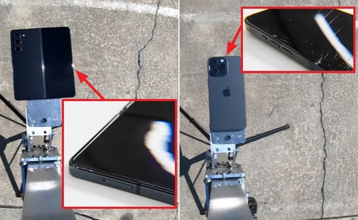 아이폰15 프로 맥스와 갤럭시 Z폴드5의 낙하 테스트 결과 모습. 아이폰15 프로 맥스의 경우 전면 유리가 크게 파손하면서 사용이 불가했지만, 갤럭시Z 폴드5의 경우 테두리만 조금 파손됐다. 올스테이트 프로텍션 플랜