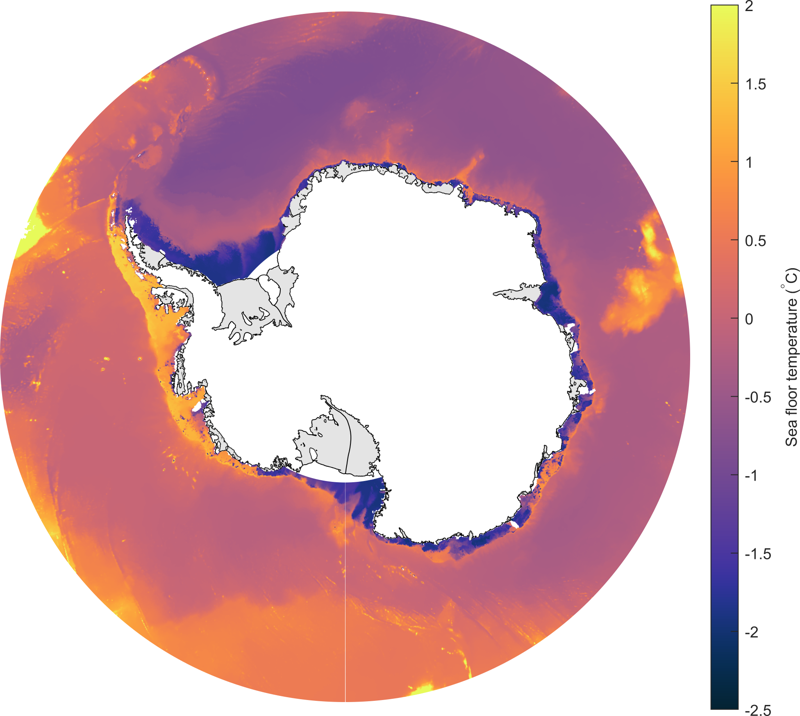 남극대륙 주변의 수온을 보여주는 그래픽. 동쪽 바다는 차갑지만, 서쪽 해수면은 빙붕을 녹일 정도로 영상 2도에 육박한다. 리즈대 벤저민 데이비슨 박사 제공