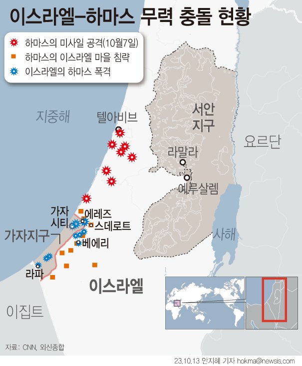 [서울=뉴시스] 이스라엘 방위군(IDF)은 13일(현지시간) 가자지구 북쪽에 있는 가자시티 팔레스타인 주민들에게 24시간 내에 남쪽으로 이동하라고 통보했다. 외신들은 이스라엘의 지상군 투입이 임박한 것으로 해석하고 있다.(그래픽=안지혜 기자) hokma@newsis.com