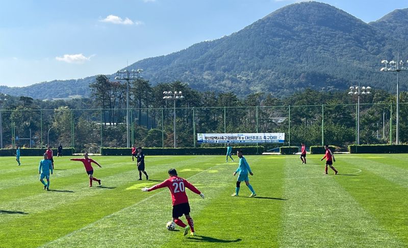 지난 15일 열린 ‘제42회 부산광역시축구협회장기 및 대선주조배 축구대회’에서 선수들이 경기를 펼치고 있다. 대선주조 제공