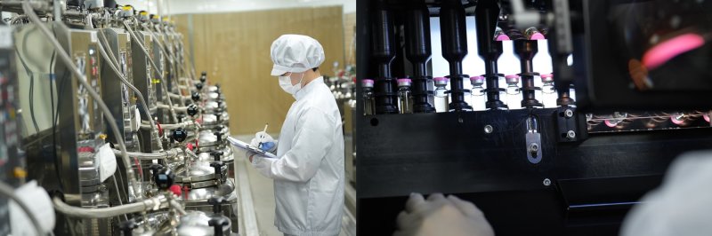 자생메디바이오센터의 자동화 탕전시스템(왼쪽)과 약침 이물검사를 진행하는 모습. (자생한방병원 제공)