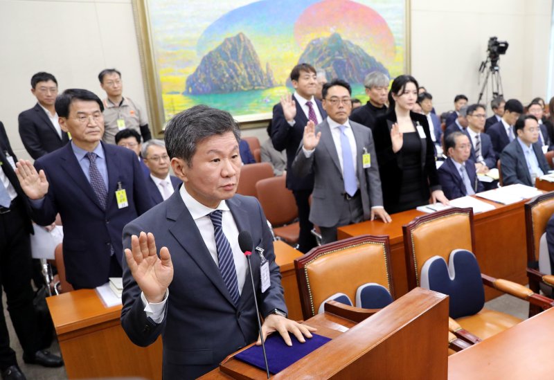 정몽규 HDC그룹 회장이 16일 오후 서울 여의도 국회에서 열린 정무위원회의 공정거래위원회 등에 대한 국정감사에서 증인선서를 하고 있다. 사진=뉴시스