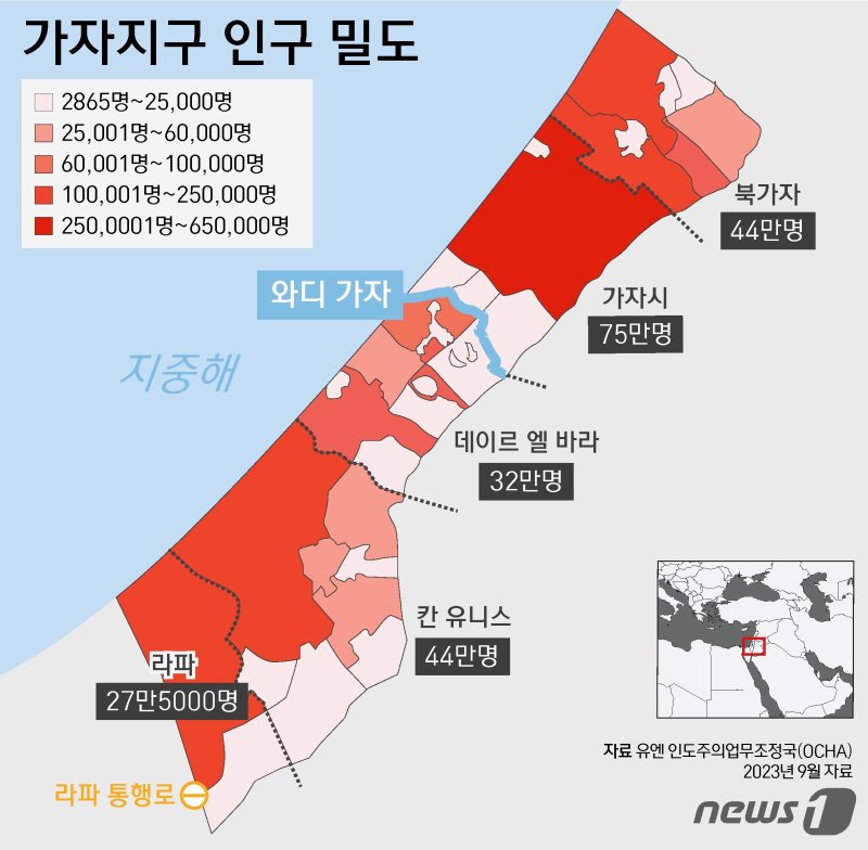 가자지구는 북가자, 가자시(가자시티), 데이르 엘-바라, 칸 유니스, 라파 등 5개 지역으로 구성돼 있다. 230만 명이 거주하고 있는데, 이 중 가자시티에 75만 명이 살고 있다. 북가자와 칸 유니스에 44만 명, 데이르 엘 바라에 32만 명, 라파에 27만5000명이 머문다. ⓒ News1 윤주희 디자이너