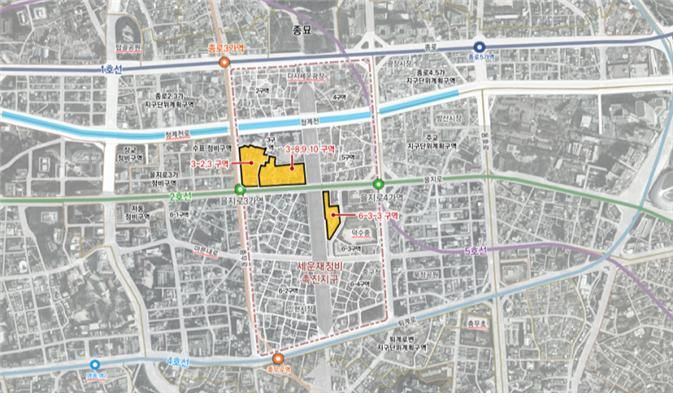 세운3-2·3, 3-8·9·10, 6-3-3 재정비촉진구역 위치도. 서울시 제공