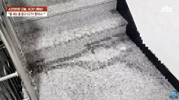 지난 19일 경기 수원의 한 빌라 2층과 1층 사이 계단 바닥에 정체불명의 액체가 있는 모습. 사진=jtbc '사건반장' 캡처