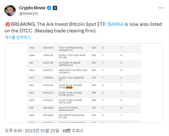 예탁신탁정산공사(DTCC)에 등록된 아크 인베스트의 선물 상장지수펀드(ETF) 티커. 트위터 캡처