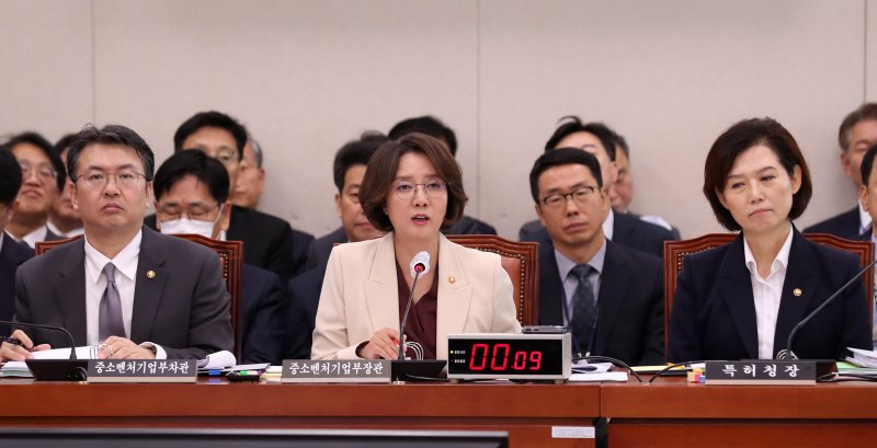 [서울=뉴시스] 이영환 기자 = 이영 중소벤처기업부 장관이 27일 오전 서울 여의도 국회에서 열린 산업통상자원중소벤처기업위원회의 중소벤처기업부 등에 대한 종합감사에서 의원들의 질의에 답하고 있다. 2023.10.27. 20hwan@newsis.com