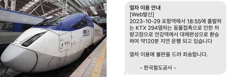 KTX-산천 열차(왼쪽) 코레일 문자 내용