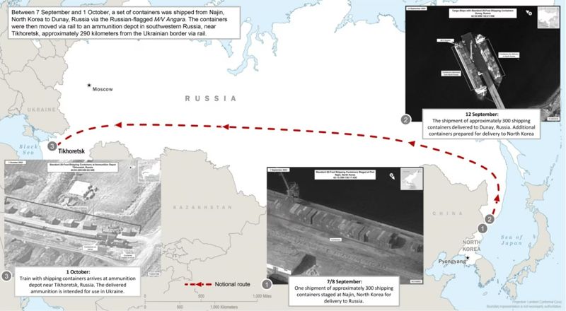 지난 10월 13일 미국 백악관은 "북한은 러시아에 컨테이너 1천개 이상 분량의 군사 장비와 탄약을 제공했다”면서, 컨테이너들이 선박과 열차를 통해 이동하는 정황이 담긴 사진 3장을 공개했다. 사진=미 백악관 홈페이지 캡처