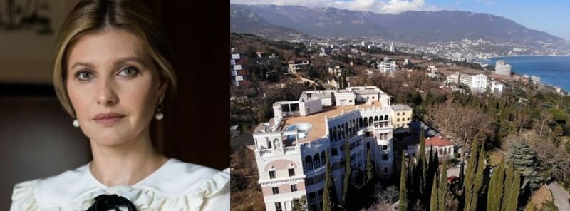 올레나 젤렌스카 여사(왼쪽)와 러시아에 몰수돼 지난달 경매에서 팔린 크림반도 내 아파트가 있는 단지. 사진 =연합뉴스, X캡처
