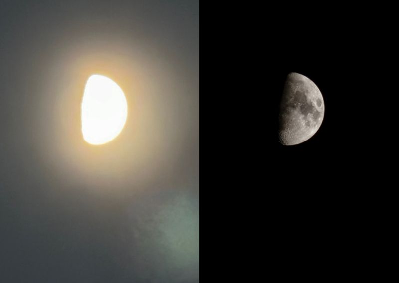 아이폰15프로맥스(왼쪽)와 갤럭시S23울트라로 찍은 달 사진. 사진=구자윤 기자