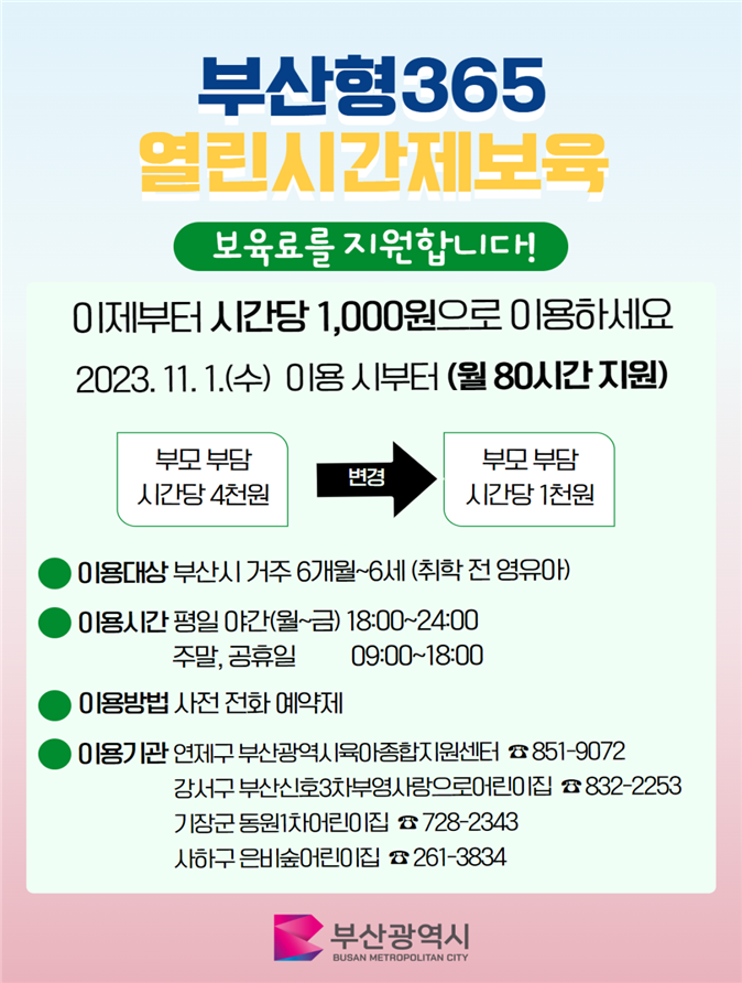 부산형 365 열린 시간제 어린이집 이용요금 지원 포스터. 부산시 제공