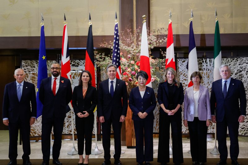 (L-R) High Representative of the European Union for Foreign Affairs and Security Policy Josep Borrell, British Foreign Secretary James Cleverly, German Foreign Minister Annalena Baerbock, US Secretary of State Antony Blinken, Japanese Foreign Minister Yoko Kamikawa, Canadian Minister of Foreign Affa