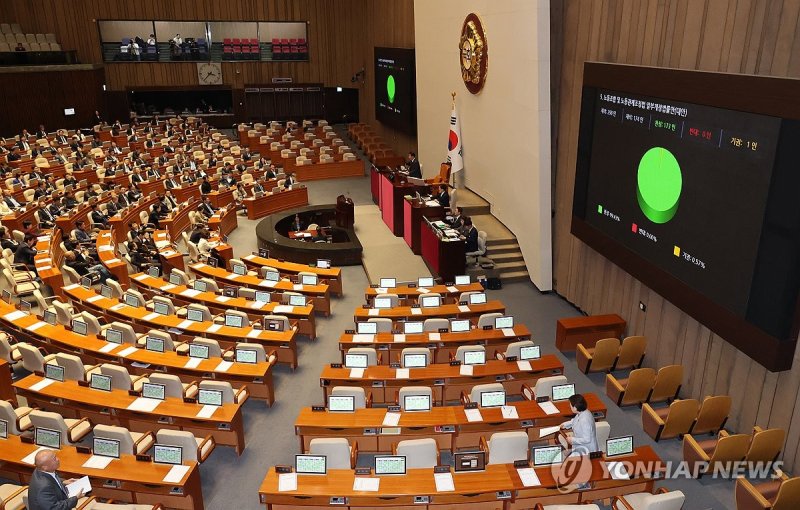 노란봉투법 국회 본회의 통과 (서울=연합뉴스) 한상균 기자 = 9일 국회 본회의에서 노란봉투법(노동조합 및 노동관계법 개정안) 투표 결과가 나오고 있다. 노란봉투법과 방송3법은 이날 야당 단독으로 통과됐다. 2023.11.9 xyz@yna.co.kr (끝)