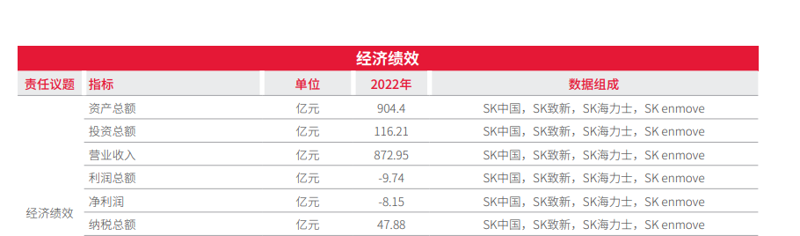 수정 전 SK차이나의 지속가능경영보고서. 투자총액란에 SK차이나, SK지오센트릭, SK하이닉스, SK엔무브의 투자총액이 116억2100만위안이라고 적혀있다. 2022년 SK차이나 지속가능경영보고서 캡처