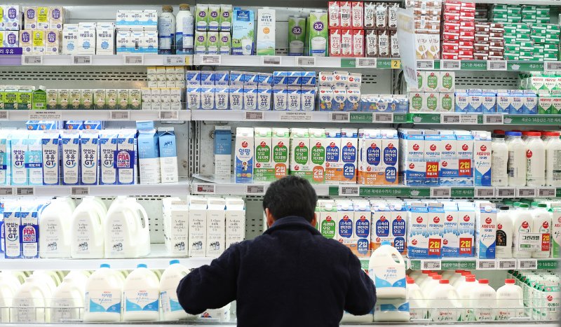 정부가 빵과 우유를 비롯한 농식품 28개 품목의 물가를 매일 점검하기로 한 가운데 12일 오후 서울 시내의 한 대형마트에서 직원이 우유를 정리하고 있다. 연합뉴스