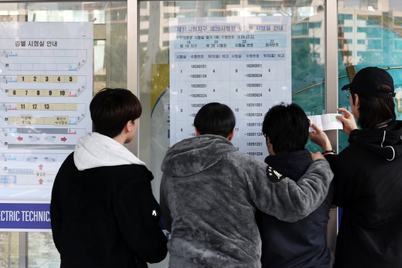 2024학년도 대학수학능력시험을 하루 앞둔 15일 오후 서울 강남구 수도전기공업고등학교에서 수험생들이 시험실을 확인하고 있다. 사진=뉴시스