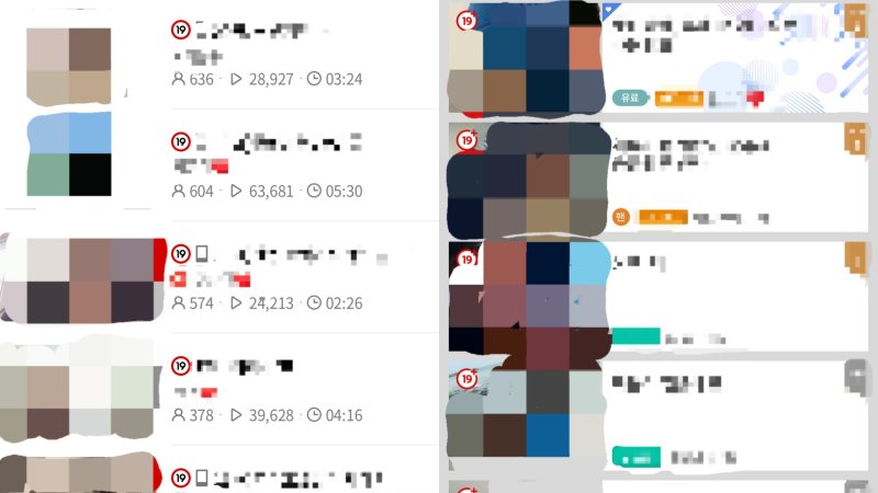 국내 주요 온라인 성인방송 플랫폼에 표시된 방송 목록. 간단한 성인인증 후 영상을 클릭하면 누구나 접근이 가능한 모습이다.. (온라인 커뮤니티 갈무리)