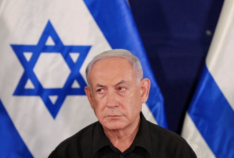 베냐민 네타냐후 이스라엘 총리가 지난달 28일 텔아비브에서 기자회견을 열고 발언하고 있다. 2023.10.28 ⓒ 로이터=뉴스1 ⓒ News1 강민경 기자