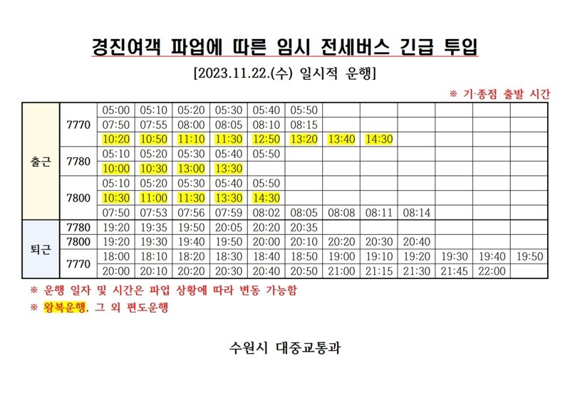 수원 경진여객 파업 '운행 중단'...수원시, 출퇴근 전세버스 투입