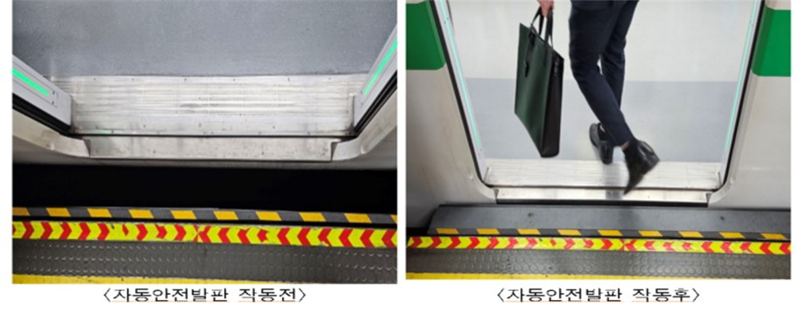 지하철 열차와 승강장 사이에 설치된 자동안전발판 작동 전후 모습. 서울시 제공
