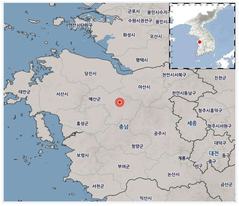 기상청은 25일 오전 11시53분 35초 충남 예산군 북서쪽 2km 지역에서 규모 2.6의 지진이 발생했다고 밝혔다. /사진=기상청