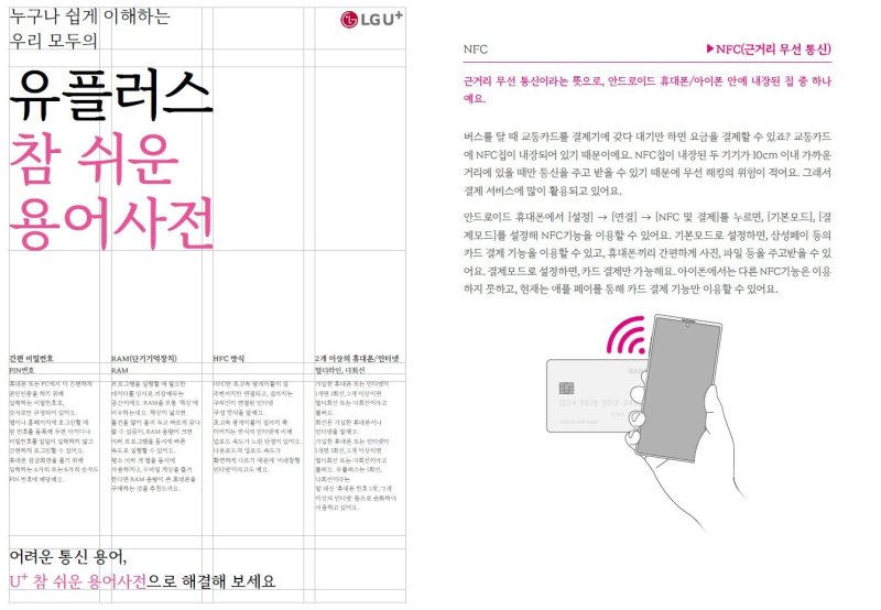 [서울=뉴시스] 27일 업계에 따르면 LG유플러스는 지난 23일 통신용어별 뜻을 정리한 '유플러스(U+) 참 쉬운 용어사전'을 발간했다. 사진은 사전 표지(왼쪽)와 근거리 무선 통신(NFC) 설명 (사진='참 쉬운 용어사전' 캡처)