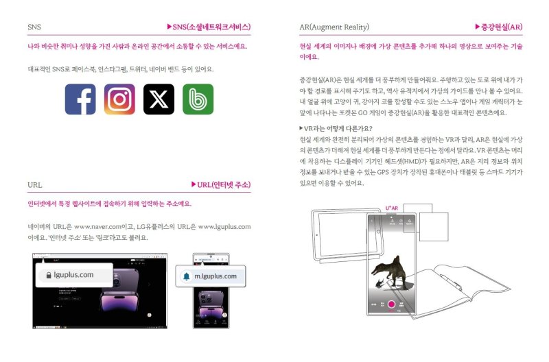 [서울=뉴시스] 27일 업계에 따르면 LG유플러스는 지난 23일 통신용어별 뜻을 정리한 '유플러스(U+) 참 쉬운 용어사전'을 발간했다. 사진은 소셜네트워크서비스(SNS), 인터넷 주소(URL), 증강현실(AR) 설명. 고객이 쉽게 이해하도록 그림도 별도로 넣었다. (사진='참 쉬운 용어사전' 캡처)