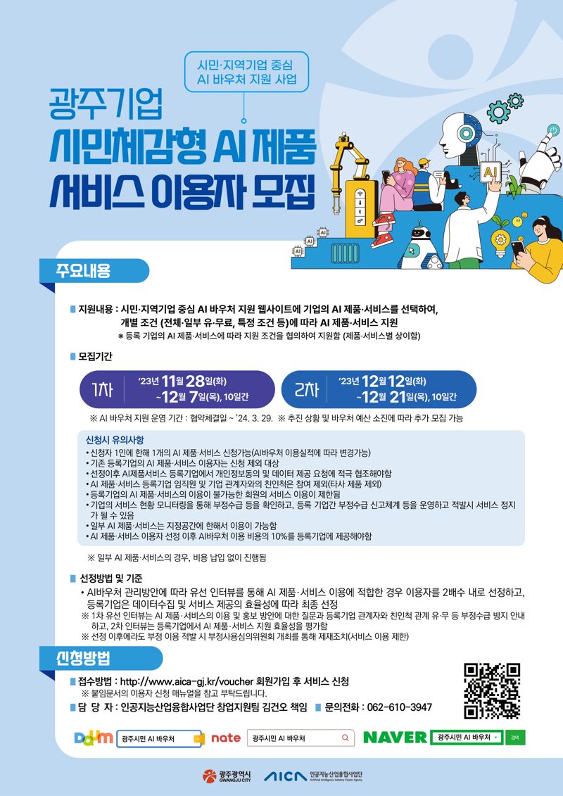 인공지능산업융합사업단은 광주시민들이 인공지능(AI) 기술을 체감하고, 광주지역 기업의 AI 제품과 서비스 고객 확보를 위해 '시민·지역 기업 중심 AI 바우처 지원 사업'에 참여할 AI 제품·서비스 이용자를 오는 12월 7일(1차), 12월 21일(2차)까지 두 차례 모집한다고 밝혔다. 인공지능산업융합사업단 제공