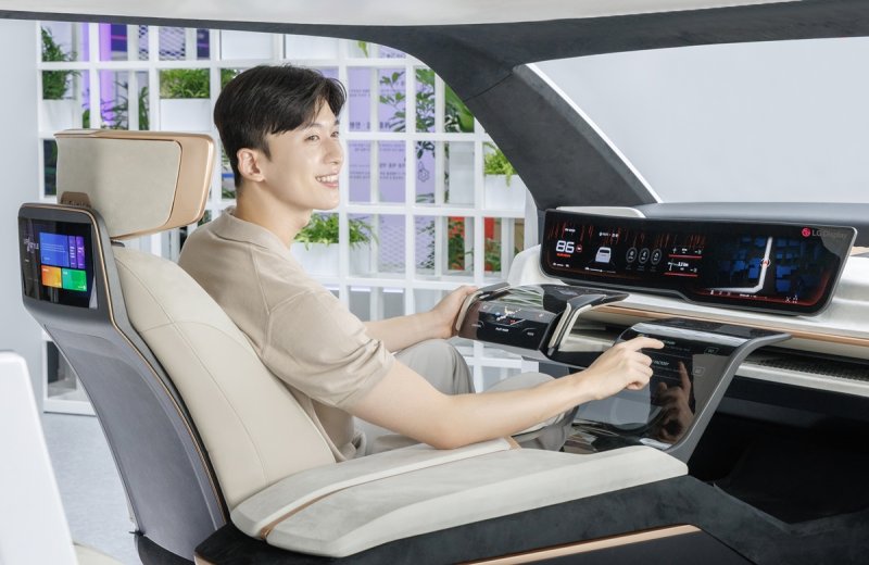LG디스플레이 모델이 'K디스플레이 2023' 전시회에서 '34인치 초대형 P-OLED' 등을 탑재한 자율주행 콘셉트카를 체험하고 있다. LG디스플레이 제공