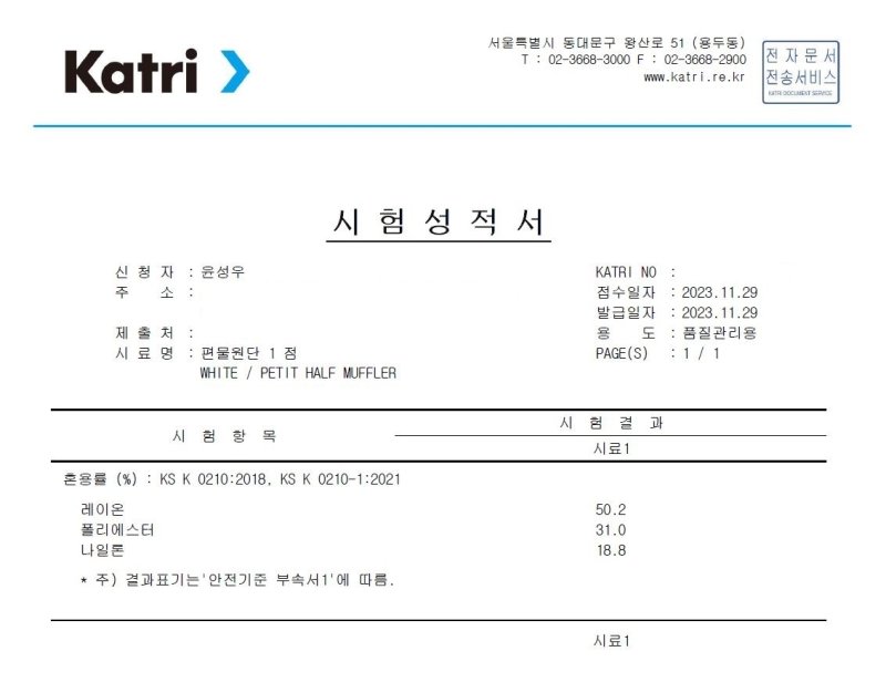 프티 하프 머플러(PETIT HALF MUFFLER)의 혼용률 시험성적서 '프티 하프 머플러(PETIT HALF MUFFLER)'는 레이온 50.2%, 폴리에스터 31.0%, 나일론 18.8% 등으로 구성됐다. 쇼핑몰 상품정보에 적힌 울 50%, 폴리에스터 50%의 혼용률 정보는 엉터리였다.[촬영 윤성우]