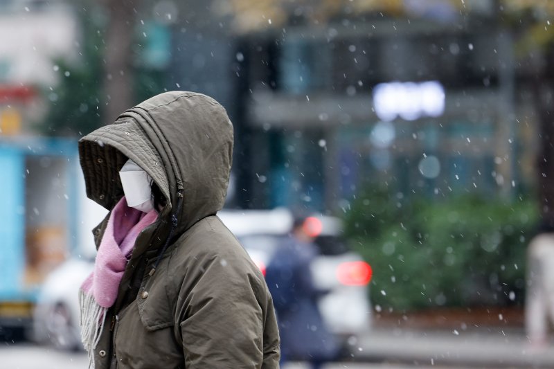 전국 곳곳에 눈이 내리는 지난달 29일 오후 서울 내자동 거리에서 한 시민이 모자, 목도리, 마스크를 착용한채 걸어가고 있다. 사진=뉴스1