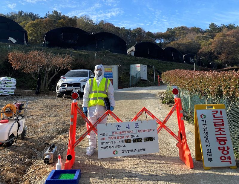 전남도는 지난 4일 고흥군 한 육용오리 농장에서 고병원성 조류인플루엔자(AI)가 발생함에 따라 확산 차단을 위해 총력을 기울이고 있다고 5일 밝혔다. 사진은 해당 농장 통제 모습. 전남도 제공