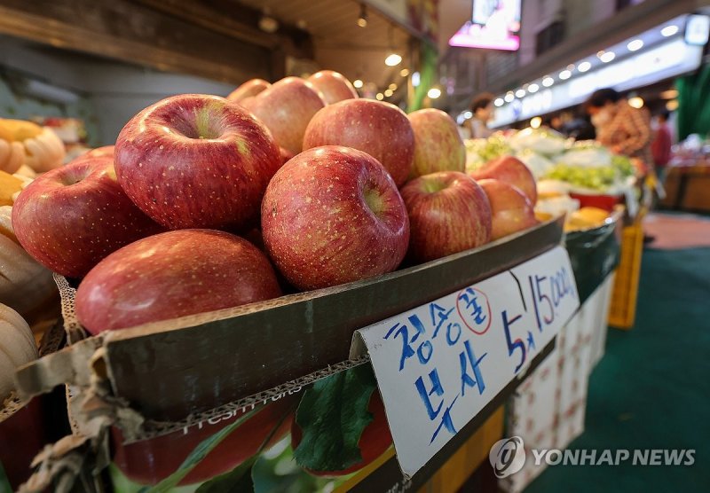 농산물 가격 오름세…사과 17.2%↑ 농산물 가격 오름세…사과 17.2%↑ (서울=연합뉴스) 서대연 기자 = 올해 먹거리 물가 지수가 5% 이상 오르며 10년만에 3년 연속 5% 이상 오름세를 보이고 있는 가운데 서울 시내 한 전통시장 과일가게에서 사과를 팔고 있다. 5일 통계청 국가통계포털(KOSIS)에 따르면 올해 1∼10월 식료품·비주류음료 물가 지수는 작년 같은 기간보다 5.1% 상승하며 지난 2011년 이후 처음으로 3년 연속 5%를 넘기고 있다. 과실 중에서는 귤(18.3%), 사과(17.2%) 등이 높은 상승률을 기록했