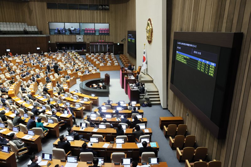 윤석열 대통령이 법률안 재의요구권(거부권)을 행사한 일명 노란봉투법(노조법 2·3조 개정안)을 비롯해 방송법·방송문화진흥회법·한국교육방송공사법 개정안(방송3법)이 지난해 12월 8일 국회 본회의에서 재표결에 부쳐졌으나 부결된 모습. 연합뉴스