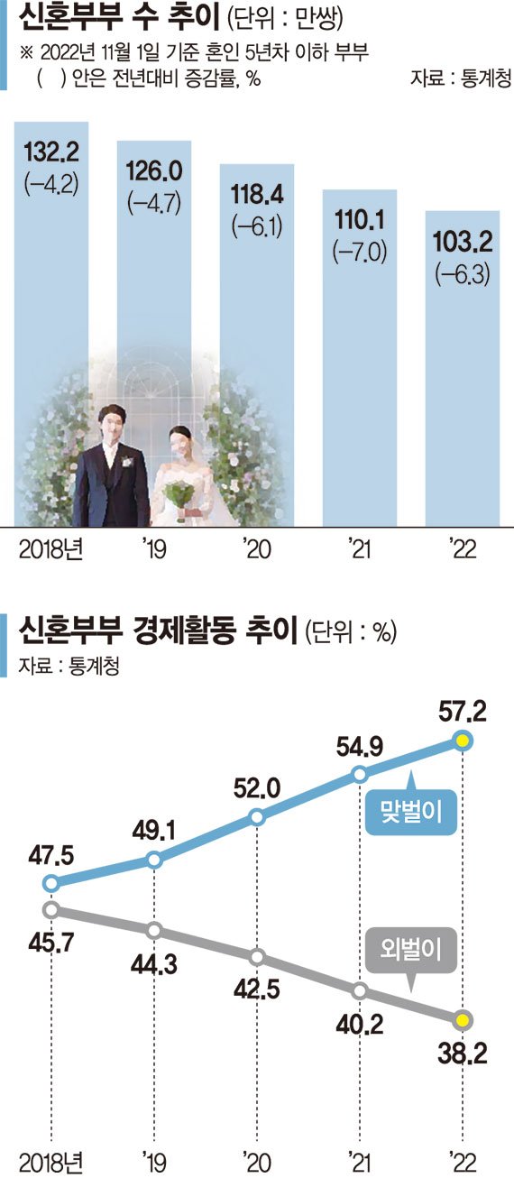 신혼부부 103만쌍 역대 최저… 애 안낳고 둘이 벌어 버틴다 [결혼 안하는 한국사회]