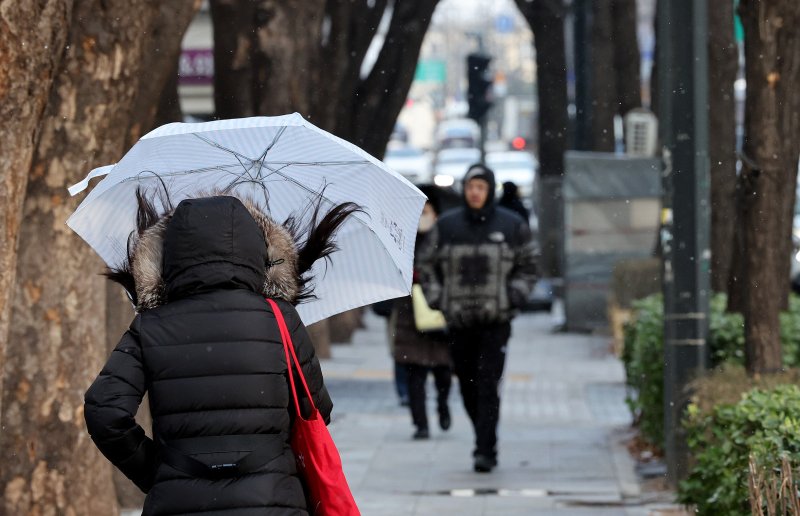 밤사이 기온이 떨어지며 영하권 날씨를 보인 16일 오전 서울 종로구 종로에 강풍과 함께 눈이 내리고 있다. 기상청은 기온이 점차 떨어져 17일부터 영하10도 이하의 강추위가 이어질 것이라고 예보했다. /사진=뉴스1