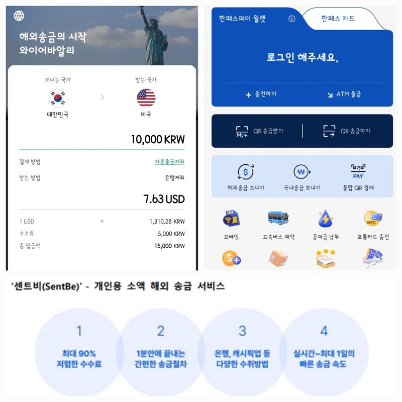 (왼쪽부터) 와이어바알리 앱 접속 시 처음으로 보이는 화면, 한패스 앱 접속 화면, 센트비 개인용 소액 해외 송금 서비스 관련 이미지. 사진=김예지 기자 캡쳐, 센트비 제공