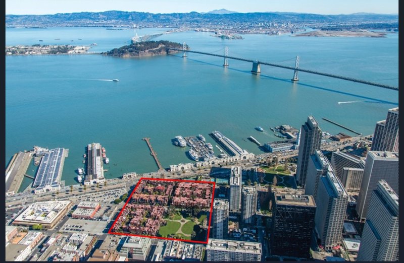 미국 샌프란시스코 도심에 위치한 '캠퍼스형 오피스빌딩(빨간색 표시 부문)' 전경. 엠디엠 제공