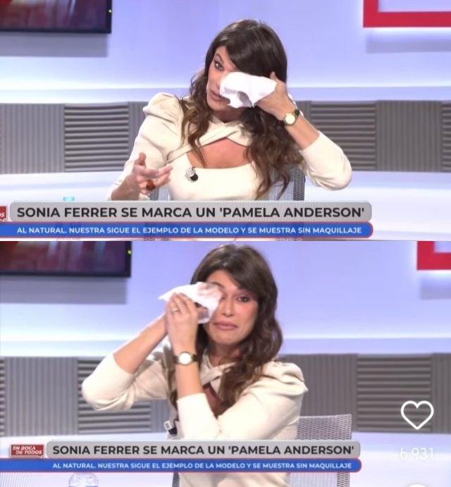 스페인 방송 진행자인 소냐 페레르가 방송 도중 화장을 지우는 모습. [소냐 페레르 SNS 캡처]
