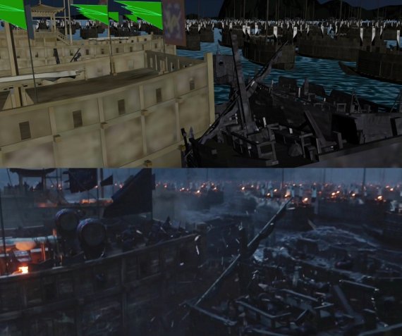 영화 <노량: 죽음의 바다>에 사용된 시각 효과 (VFX·visual effects). 위 Before, 아래 After.(제공-M83 )