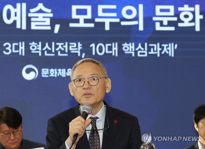 유인촌 문화체육관광부 장관 인사말하는 유인촌 장관 (서울=연합뉴스) 이재희 기자 = 유인촌 문화체육관광부 장관이 28일 오전 서울 서대문구 모두예술극장에서 열린 '문화예술 3대 혁신전략, 10대 핵심과제' 브리핑에서 인사말을 하고 있다. 2023.12.28 scape@yna.co.kr (끝)