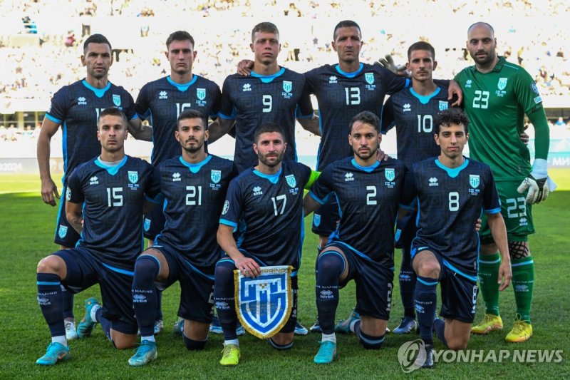 산마리노 축구 국가대표 선수단 epa10700253 The starting eleven of Sab Marino pose for a team picture before the UEFA European Qualifiers match between Finland and San Marino in Helsinki, Finland, 19 June 2023 EPA/COMPIC