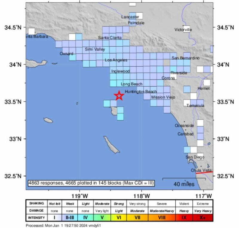 LA 해안에서도 규모 4.1 지진 발생...약한 진동 LA 전역에서 감지