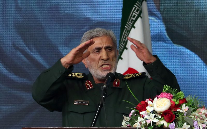 지난달 3일 이란 테헤란에서 이란 혁명수비대 쿠드스군 사령관을 맡은 에스마일 카아니 준장이 전임자였던 가셈 솔레이마니 소장의 4주기 추도식에 참석하여 연설하고 있다.EPA연합뉴스