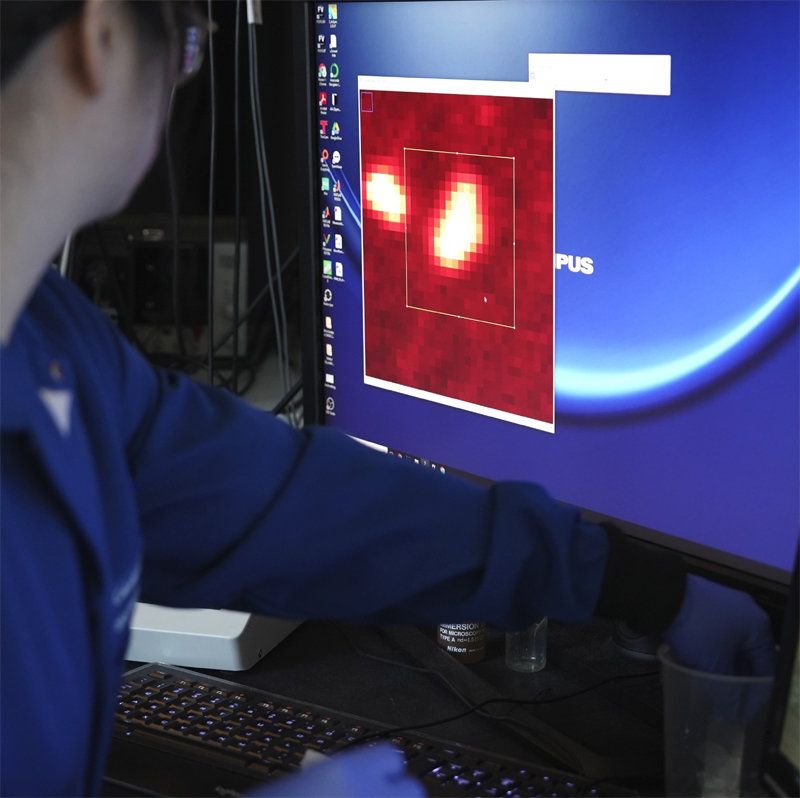 8일(현지 시간) 미국 컬럼비아대 연구진이 레이저 현미경으로 촬영한 나노 플라스틱 이미지를 관찰하고 있다. /사진=AP 뉴시스,동아일보