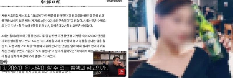 박씨의 2015년 사기 사건 당시 언론 보도. 출처=조선일보 보도장면, 유튜브 ‘카라큘라 범죄연구소’