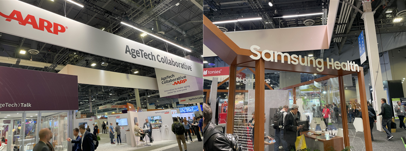미국 은퇴자협회(AARP) 부스(왼쪽)와 부스 내부에 설치된 '삼성 헬스 하우스'. 권준호 기자