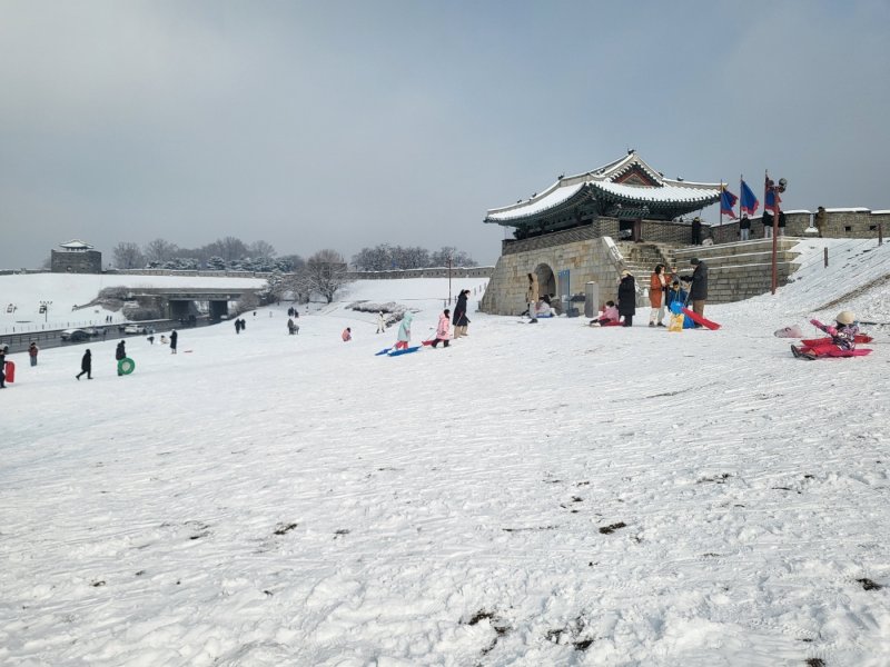 경기 수원시 창룡문 일대에서 시민들이 눈썰매를 즐기고 있다.(자료사진)/뉴스1