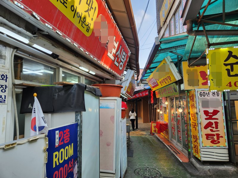 개 식용 금지법이 통과되면서 오는 2027년에는 보신탕집 영업이 금지된다. 14일 서울 종로구 종로5가역 인근 보신탕집 골목을 한 행인이 지나고 있다. 사진=김동규 기자